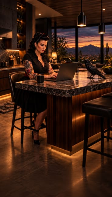 She works at the kitchen island at dusk while a raven watches from the counter.