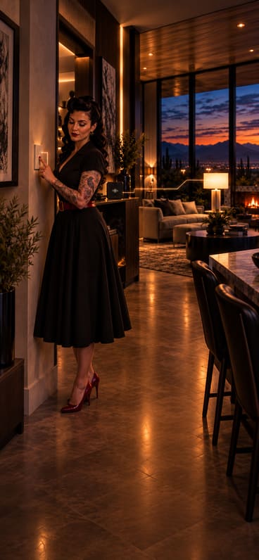 She presses a wall switch at dusk and light traces from the home server to a lamp across the room.