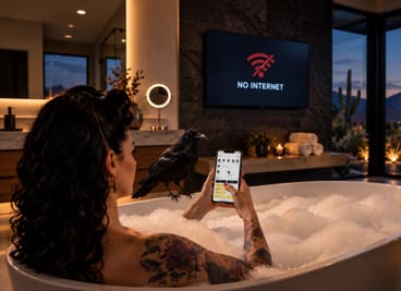 She uses the One Raven app from a bubble bath while the TV behind her reads NO INTERNET.