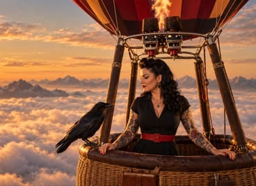 She rides a hot-air balloon above the clouds at sunrise with a raven perched on the basket.