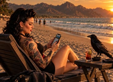 She checks her phone from a beach lounger at sunset, a raven on the table beside her.