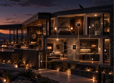A hillside home at dusk, light tracing between the lock, thermostat, home server and lamps inside.