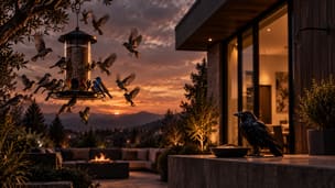 Songbirds crowding a feeder on a terrace at sunset while a raven watches from a planter.