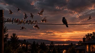 A flock of birds settled along a power line against a desert sunset, one raven apart from the rest.