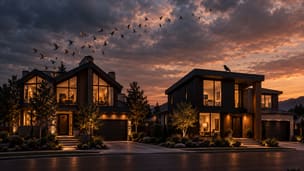 A modern house lit from within at dusk, birds crossing the sky above it.