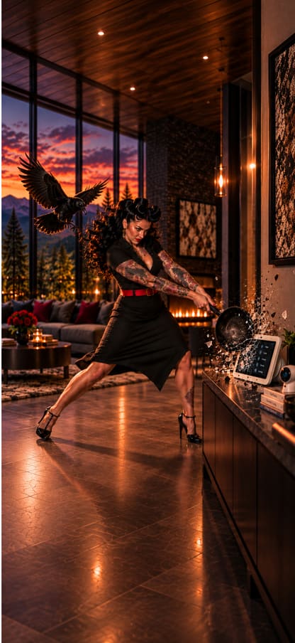 A woman swings a cast-iron skillet through a wall-mounted smart-home panel in a warmly lit living room.