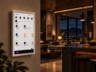 The One Raven home server control panel mounted in a warm, low-lit living room.