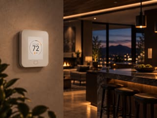 The One Raven thermostat on a hallway wall, reading 72 degrees.