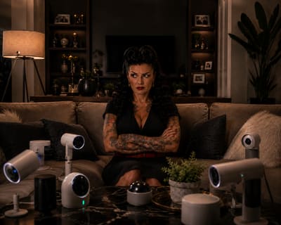 A woman sits arms-folded on a sofa, ringed by cloud cameras and smart speakers pointed at her.