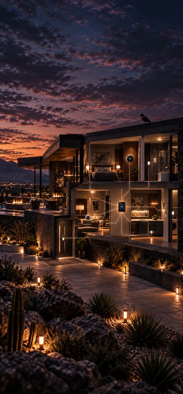 A One Raven home at dusk, every room connected to a single home server.