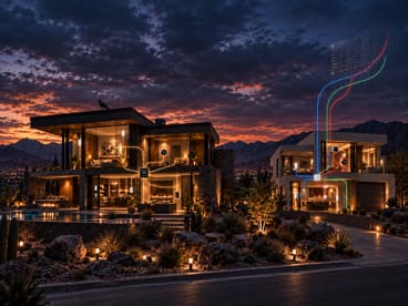 Two desert homes at dusk: warm signals circling inside the One Raven house, coloured data streaming skyward from the other.