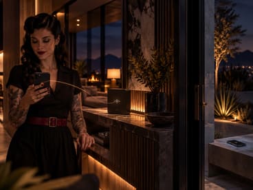 She checks her phone beside the home server at an open door.
