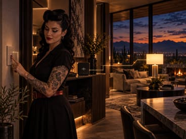 She presses a wall switch and a lamp answers across the room.