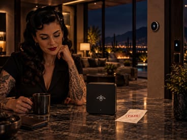 She sits with coffee beside the home server and a receipt stamped paid.