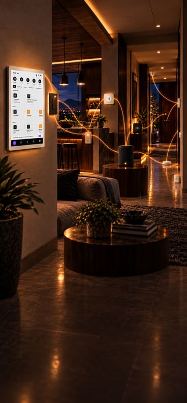 A connected home at dusk, light tracing between the control panel, switches, thermostat, lock and sensors.