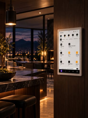 The One Raven home server mounted on a walnut wall beside the kitchen island.