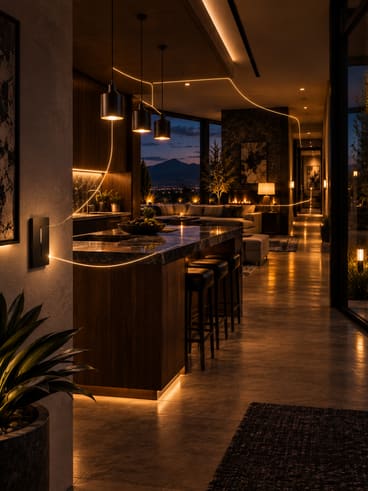 A warmly lit kitchen and hallway with light tracing between switches and fixtures.