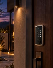 A lit keypad smart lock on a walnut entry door.