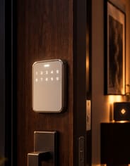 A satin nickel keypad lock on an exterior door at dusk.