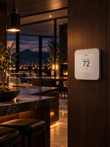 A One Raven thermostat on a walnut wall showing 72 degrees, city lights beyond.