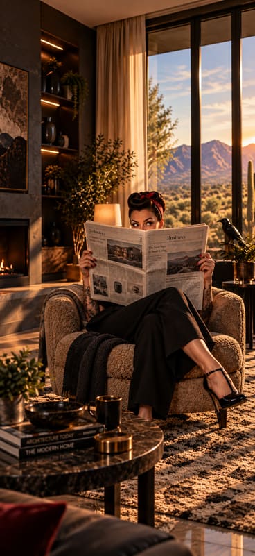 A woman reads the morning paper by the fire, a raven perched at the window.