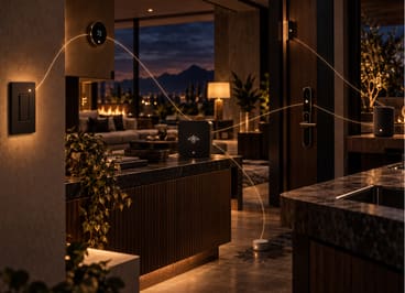 A warmly lit home at dusk with light tracing between a switch, thermostat, home server, lock and sensor.